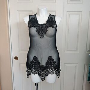San Joy black stretch mesh lace trimmed chemise sz L